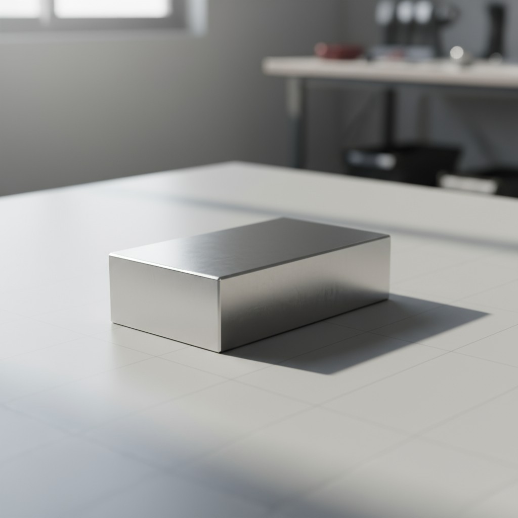 A polished silver-colored metal cube rests on a white surface, casting a shadow underneath it, with a blurred background t...